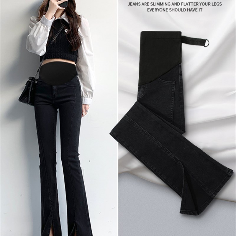 孕妇裤子春秋款外穿长裤小个子喇叭裤秋季大M尺码直筒开叉牛仔内