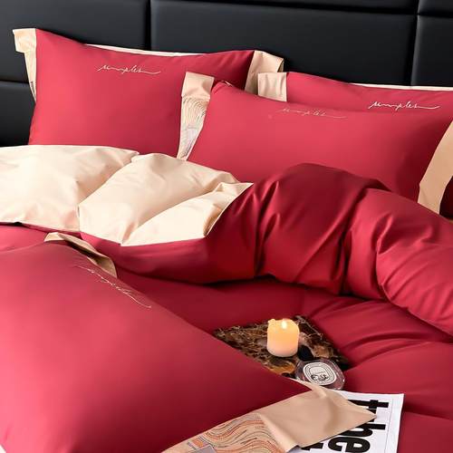 长轻四奢高端100S澳棉棉绒棉件套婚庆红色AM全床单纯棉刺绣被套床