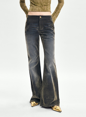 【特价】【博主同款】RURE 卡其绿色怀旧风格丝绒牛仔喇叭裤