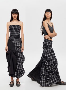 RURE 2WAY两穿立体剪裁格纹抹胸连衣裙2025新款今年流行爆款长裙