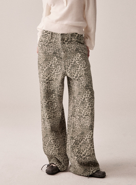 RURE豹纹复合绒里直筒休闲裤复古水洗oversize阔腿牛仔裤2025新款