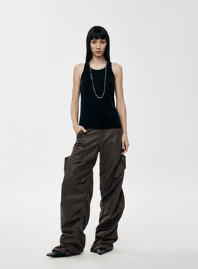 【特价】RURE 水洗做旧风格仿皮设计感工装裤阔腿裤高智感裤子