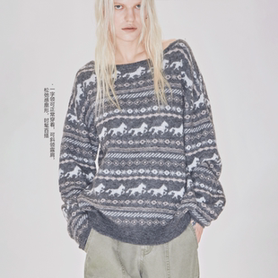 RURE费尔岛小马提花圆领OVERSIZE毛织一字肩上衣毛衣2026马年新衣