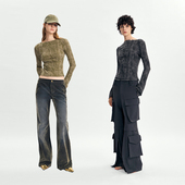 特价 鞠婧祎同款 RURE 做旧肌理感针织喇叭袖 紧身上衣修身