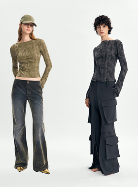 【特价】【鞠婧祎同款】RURE  做旧肌理感针织喇叭袖紧身上衣修身