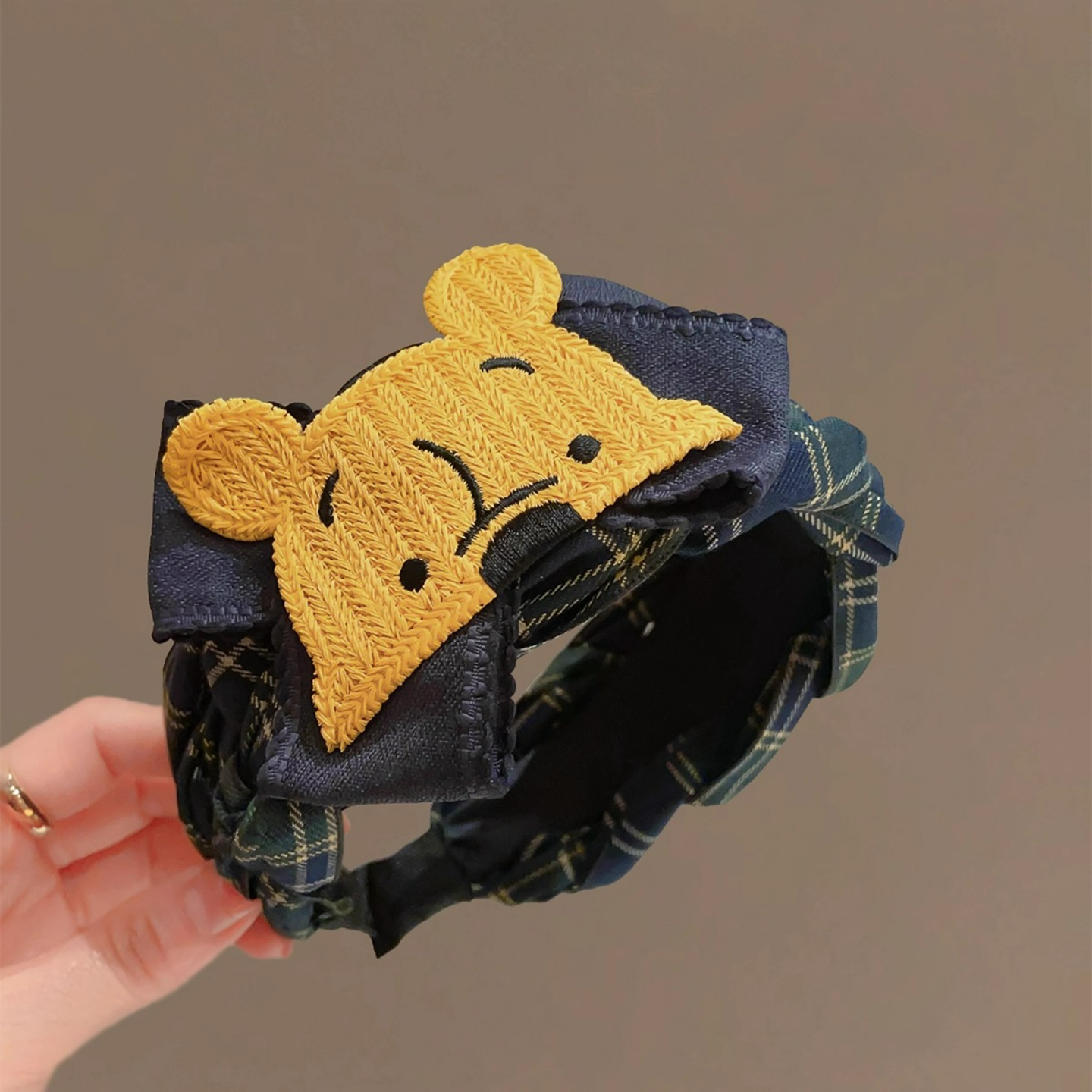 韩版蓝绿格纹编织发箍可爱小熊蝴蝶结宽边头箍发饰2025新款压发卡