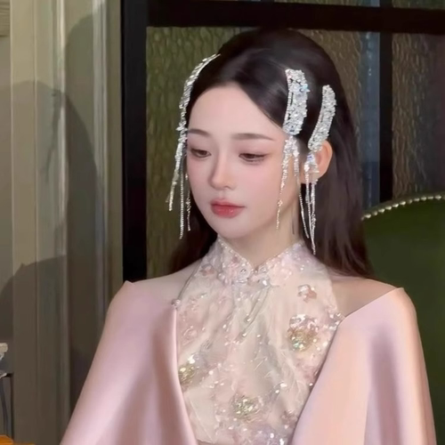 新中式银色满钻流苏发夹