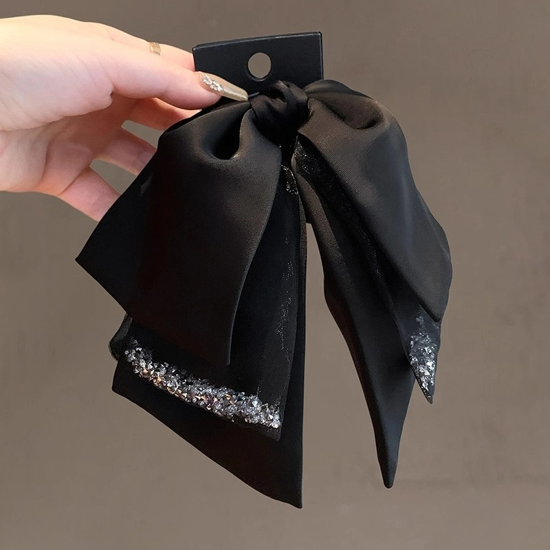 洋气赫本风复古缎面蝴蝶结马尾夹精致水钻盘发夹气质优雅发卡头饰