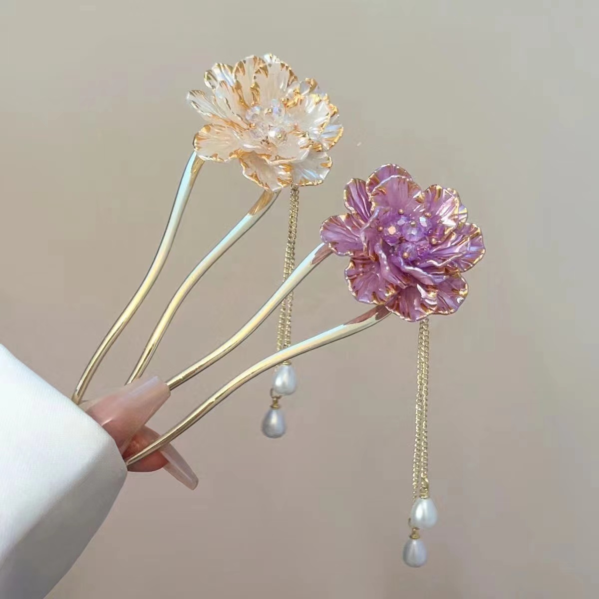 精致牡丹花流苏U型发簪女高级感盘发簪子步摇古风发钗子插梳头饰