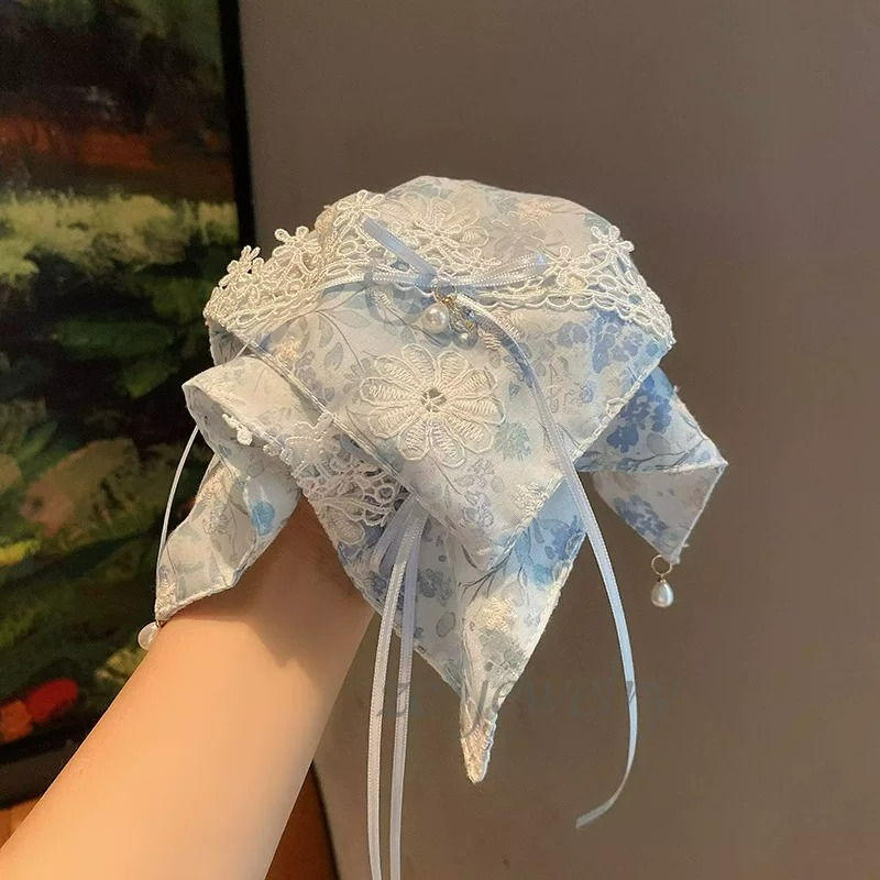 韩系甜美蓝色刺绣碎花蝴蝶马尾夹女气质减龄后脑勺珍珠发抓新款