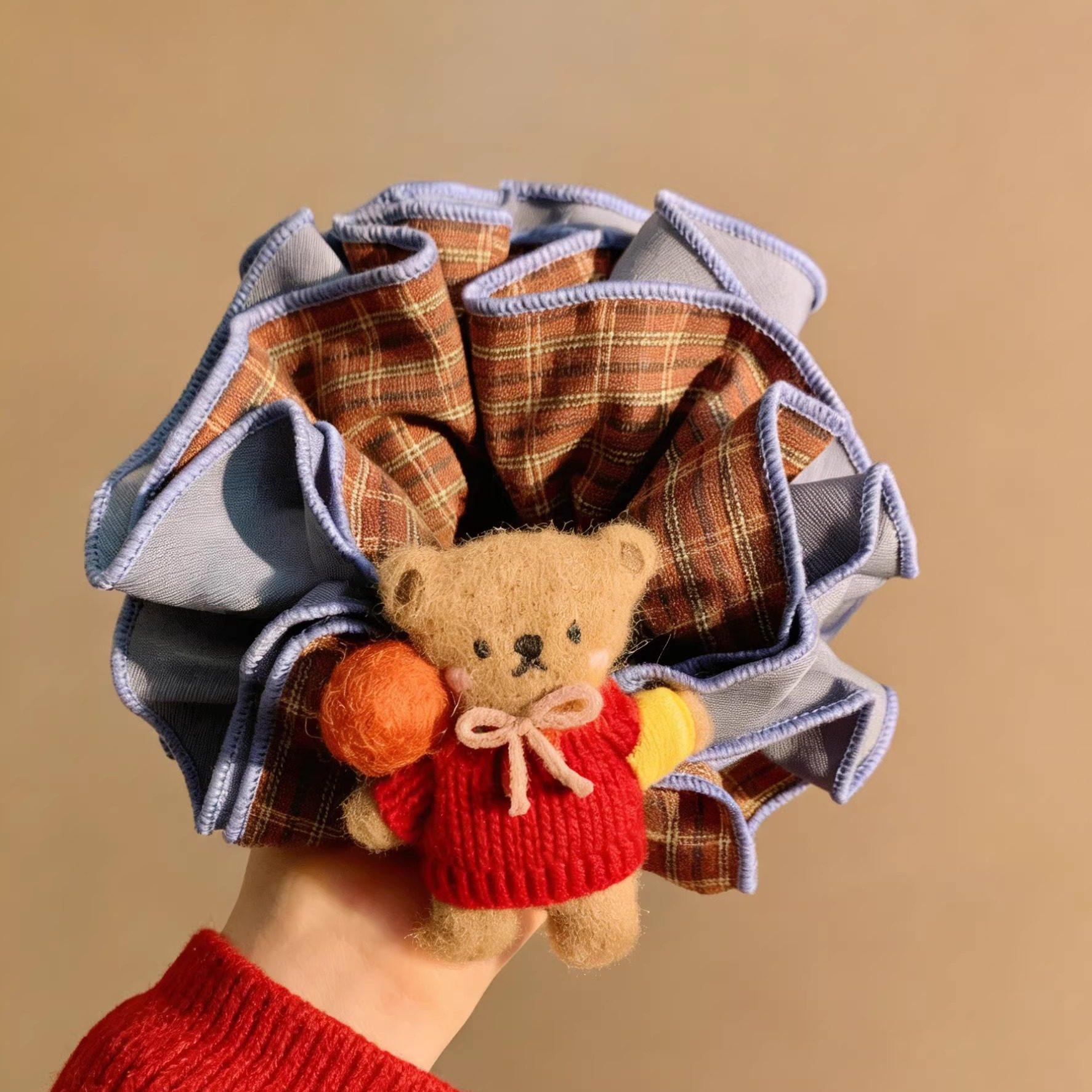 韩系牛仔格子蝴蝶结小熊大肠发圈女慵懒风扎头发超大发饰头绳秋冬