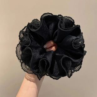 高级感黑色丝绒蕾丝四层大肠发圈女气质超大丸子头低马尾头绳头饰