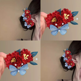 新中式新娘头饰红色花朵发夹旗袍订婚结婚晚礼服发簪女发夹子头饰