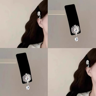 秋冬复古黑丝绒大号方形水钻发夹优雅民族风锆石闪钻吊坠侧边发卡