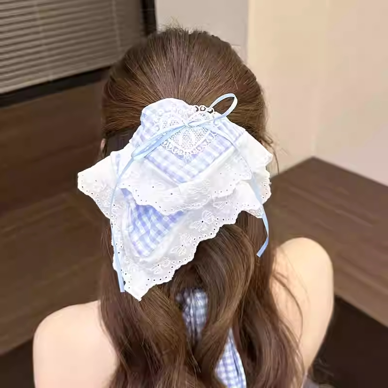 蓝色格子蝴蝶结蕾丝方巾大肠发圈