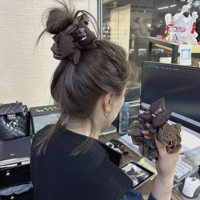高级美拉德咖色充棉蝴蝶结格子大肠发圈大版显发量丸子头发绳头绳
