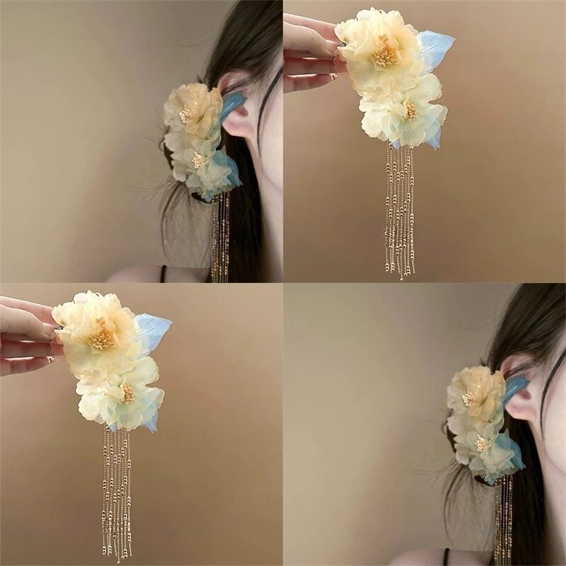 古风绢花流苏发夹新中式烫花侧边簪花头饰高颜值旗袍发饰拍照发卡