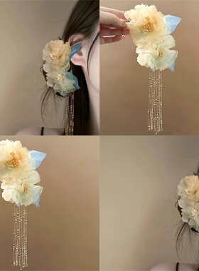 古风绢花流苏发夹新中式烫花侧边簪花头饰高颜值旗袍发饰拍照发卡