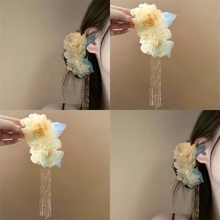 古风绢花流苏发夹新中式烫花侧边簪花头饰高颜值旗袍发饰拍照发卡