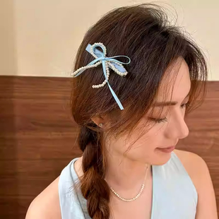 高级感珍珠蝴蝶结丝带发夹女甜美森系后脑勺边夹可爱气质新款发卡