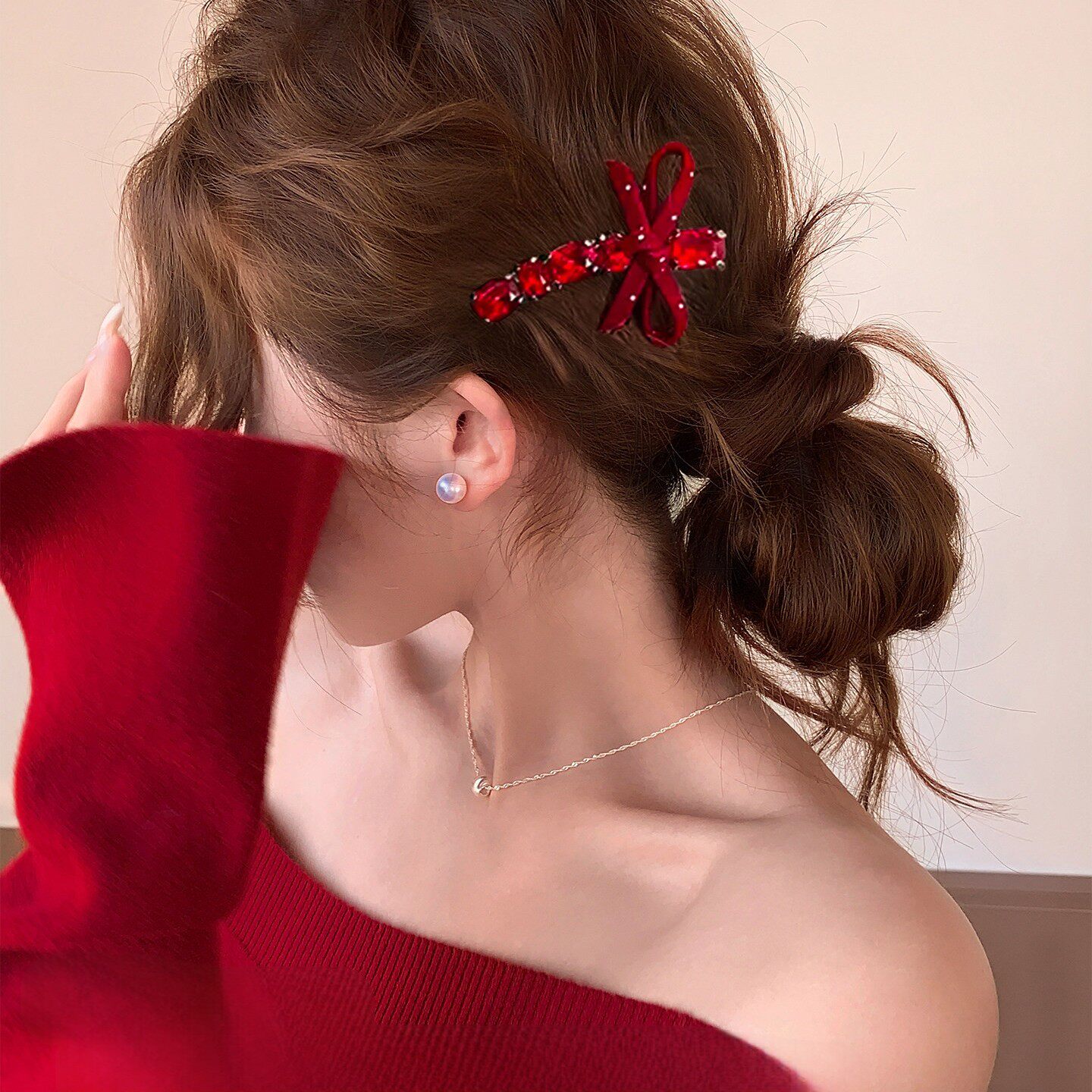红色闪钻蝴蝶结发夹女前额刘海夹头饰2026新款高端新年侧边夹发卡