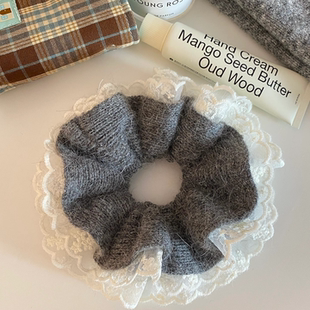 韩系灰色兔毛蕾丝针织大肠发圈女慵懒风扎头发超大号发饰头绳秋冬