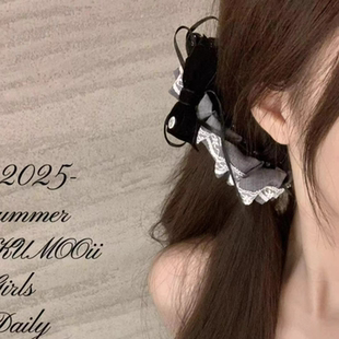 法式格蕾系灰色丝绒蝴蝶结蕾丝香蕉夹后脑勺盘发抓夹发饰温柔竖夹