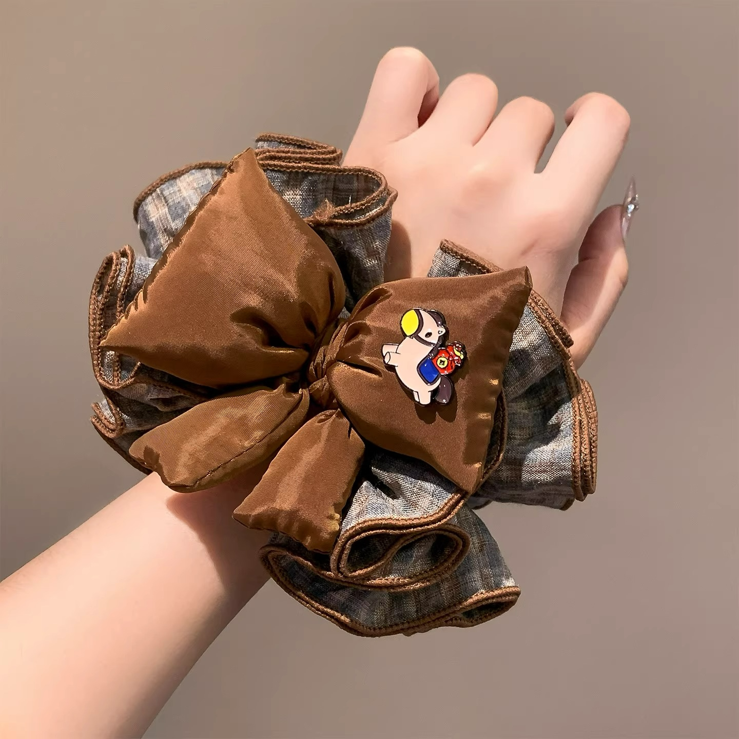 可爱蝴蝶结小马咖色格子头花大肠发圈女扎头发丸子头发绳头绳发饰