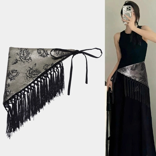 优雅高级感复古新中式 饰丝巾腰封束腰女宽腰带配裙子 三角巾流苏装