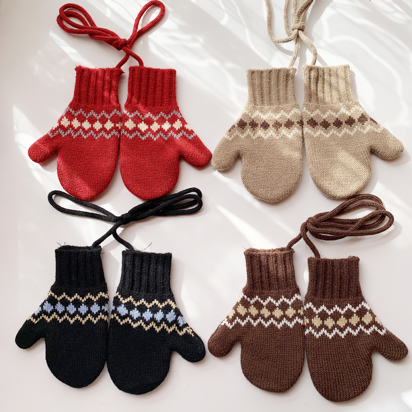 费尔岛风儿童提花针织连指手套男女冬季保暖防冻防寒挂脖毛线手套