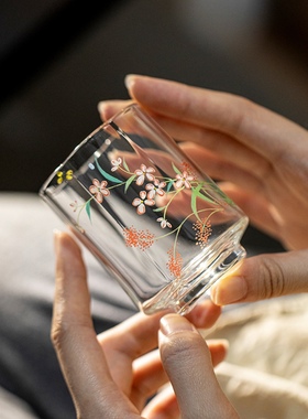 盈德堂高颜值玻璃茶杯单杯小清新女士花口杯喝茶杯子主人杯品茗杯