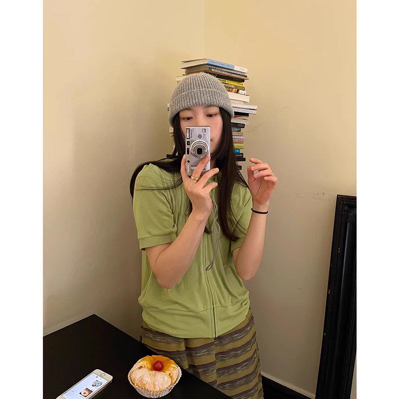 小众表妹 2024夏季新款短袖T恤休闲运动露营纯色开衫薄款连帽卫衣