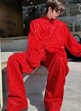 红色时髦亮闪闪珠片小众衬衫男休闲裤韩版个性表演舞台装套装潮