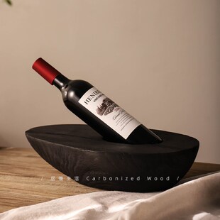 高档斜放红酒架实木摆件高级感客厅桌面样板间民宿碳化木葡萄酒架