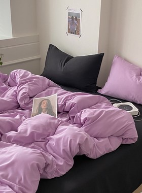 小众炫酷混搭风梦幻紫水洗棉四件套床单黑色被套三件套学生1.5