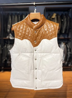 冬季男装保暖休闲油蜡牛皮羽绒马甲男女款阿美咔叽拼接真皮羽绒服