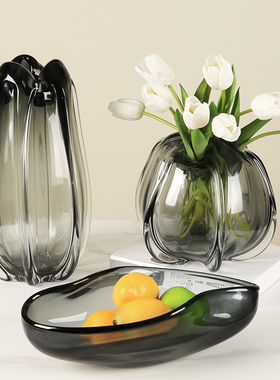 加厚琉璃花朵造型玻璃花瓶花器摆件餐桌样板房客厅电视柜极简摆设