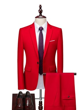 大红色西装套装男式大码商务休闲正装西服新郎伴郎结婚礼服两件套