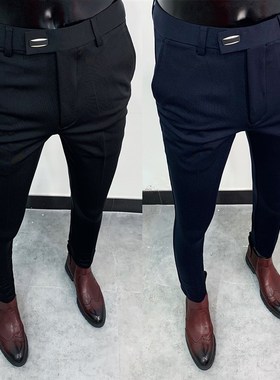 春装新款黑色休闲西装裤男士发型师潮牌修身潮流紧身弹力小脚裤子