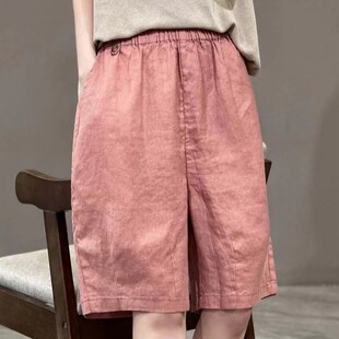 女休闲百搭宽松显瘦阔腿短裤 简约纯色麻料直筒五分裤 新款 2024夏季