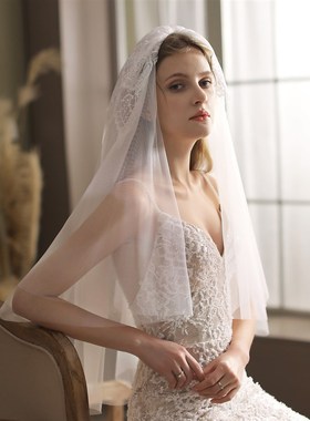 V834高档睫毛蕾丝新娘头纱 新款白色中长款旅拍婚礼结婚头纱