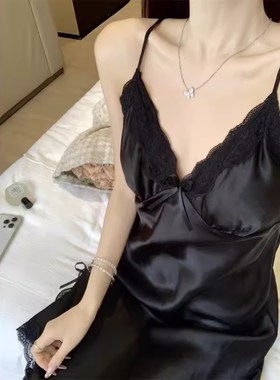黑色纯欲风夏季冰丝Vp领蕾丝凉感吊带睡裙女款夏高级感家居服睡衣