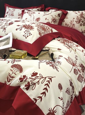 轻奢复古100支中式婚庆四件套大红色被套新婚房结婚陪嫁高档床品