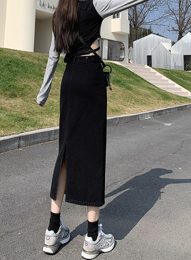 黑色开叉牛仔半身裙女2022年新款秋冬高腰中长款直筒a字包臀裙子