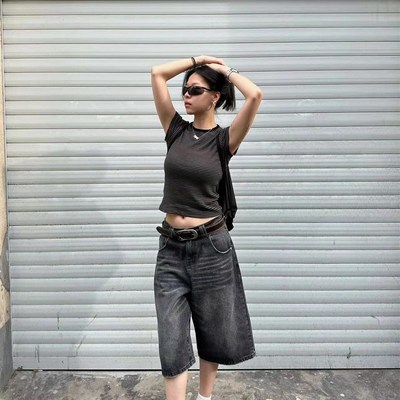 美式黑色牛仔裤低腰七分裤女辣妹宽松直筒休闲裤子水洗中裤五分裤