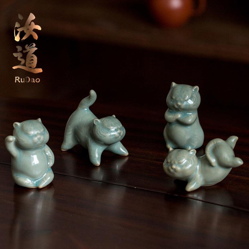 茶具可爱老虎茶宠汝窑官窑开片茶玩茶道创意精品生肖虎小摆件