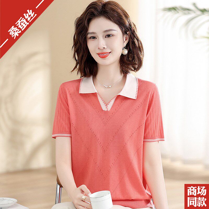 速发翻领T恤夏季新款半袖中老年气质妈妈夏装真丝上衣服