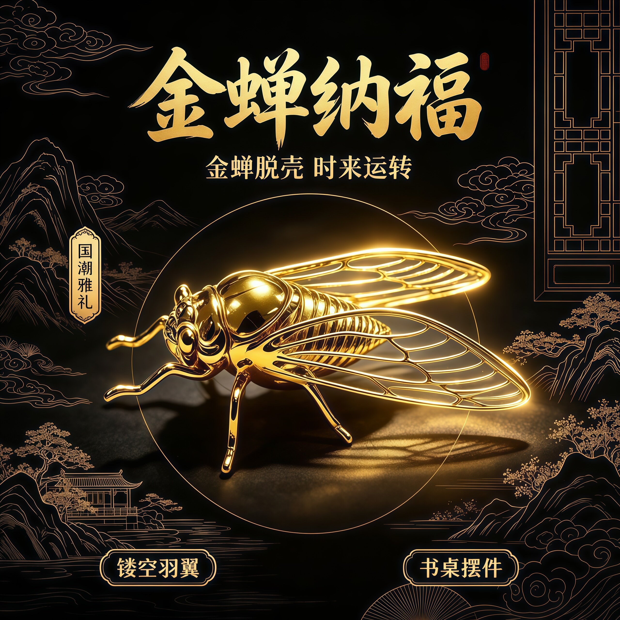 新中式金蝉镂空茶桌摆件一鸣惊人图片