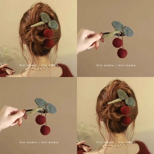 新中式毛线樱桃抓夹女高级氛围感扭扭发夹后脑勺一字盘发鲨鱼夹子