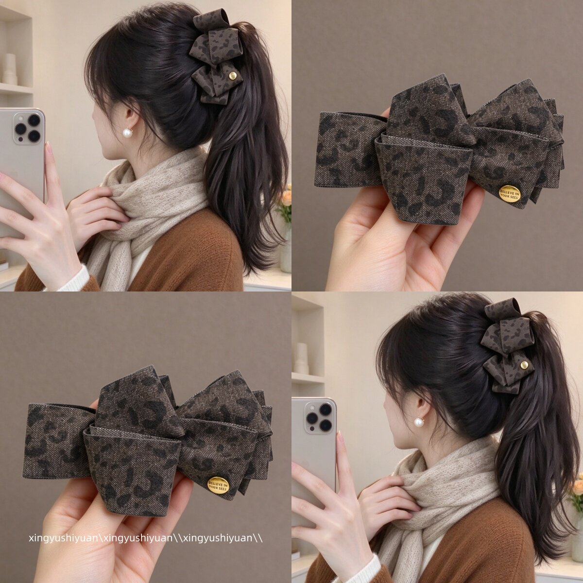 秋冬复古豹纹蝴蝶结香蕉夹韩系高马尾竖夹气质蓬松高颅顶发夹头饰